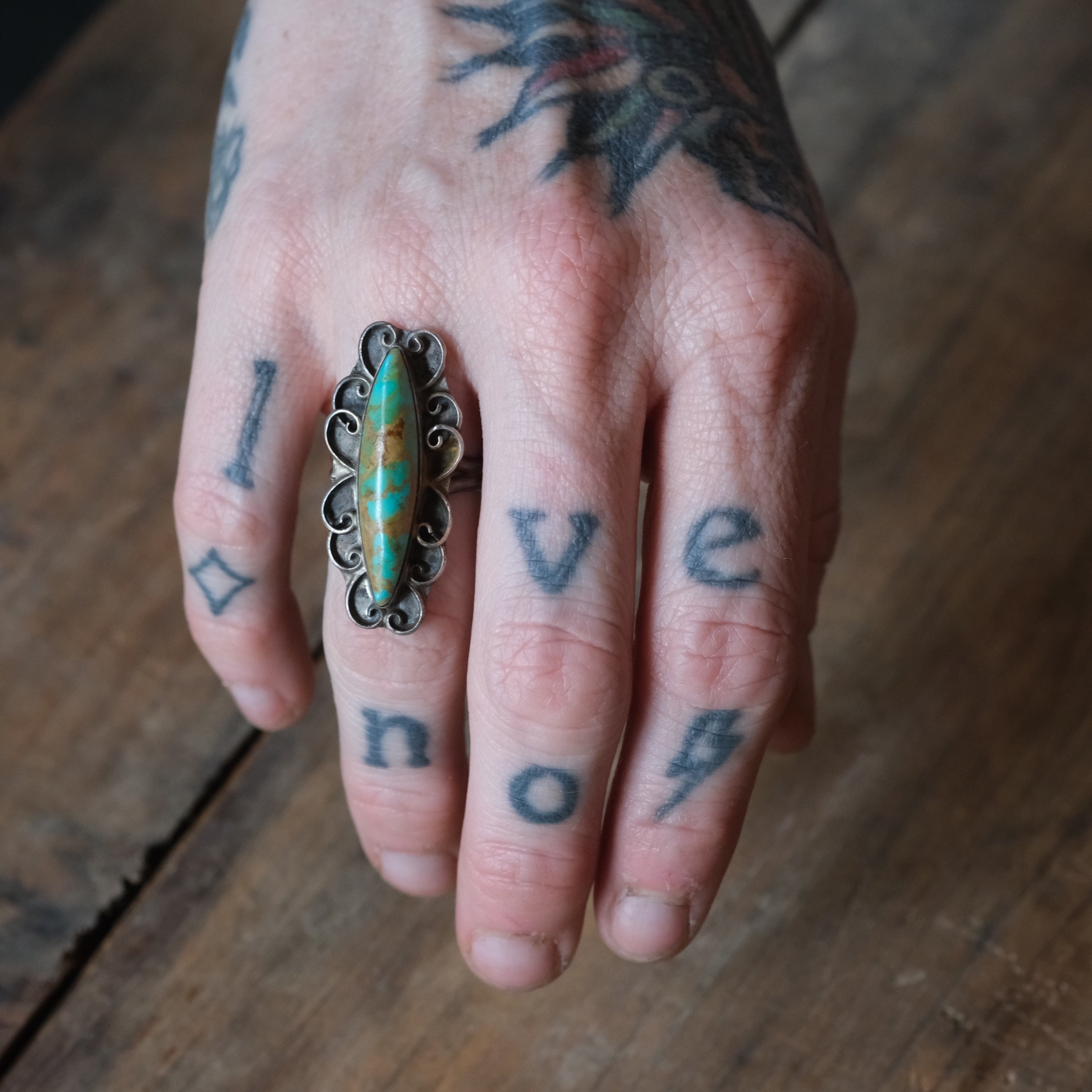 Vintage Sterling Turquoise Florette Ring 6