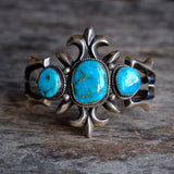 HEAVY Vintage Sterling Blue Gem Turquoise Sandcast Cuff
