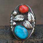 Vintage Sterling Turquoise and Coral Feather Ring 9