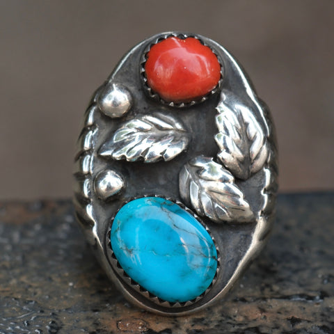 Vintage Sterling Turquoise and Coral Feather Ring 9
