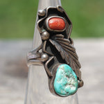 Vintage Sterling Turquoise and Coral Feather Ring 4.25