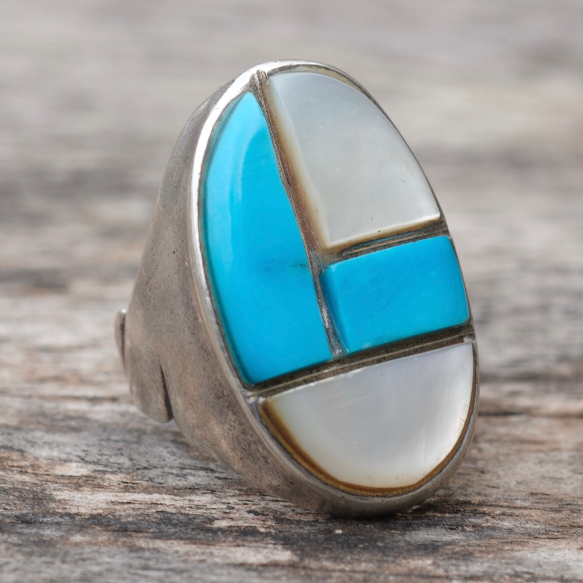 Vintage Sterling Turquoise and Mother Of Pearl Inlay Ring 8.25