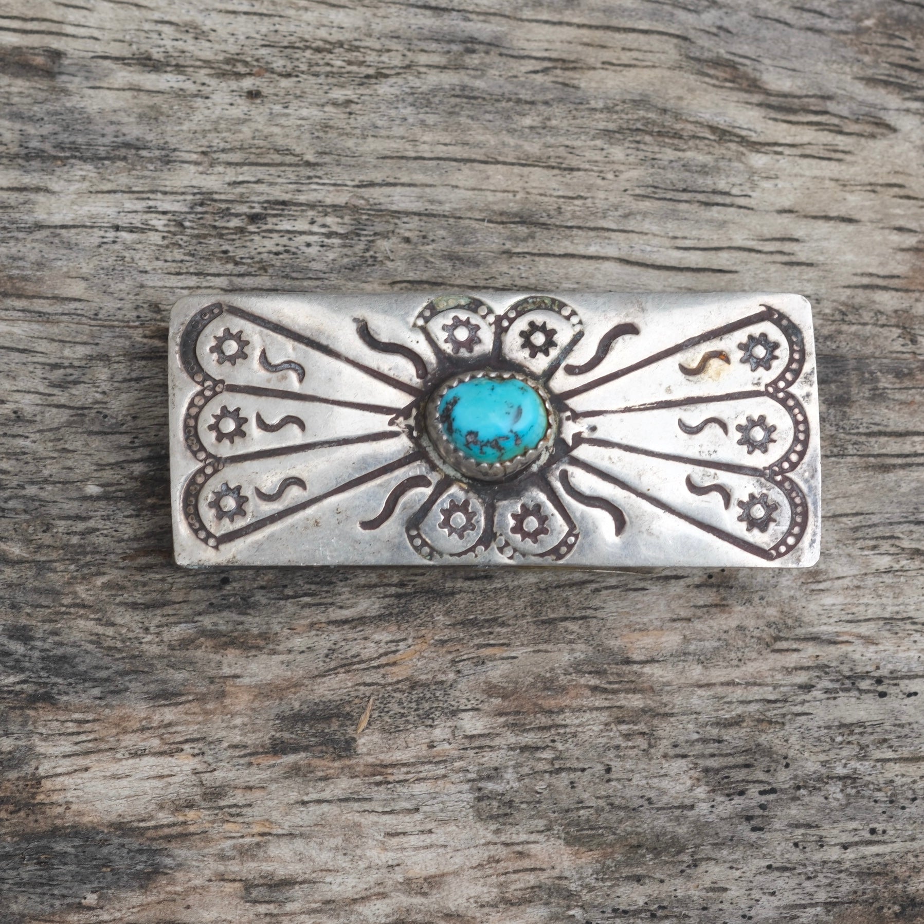 Vintage Sterling Silver Overlay Turquoise Stamped Money Clip