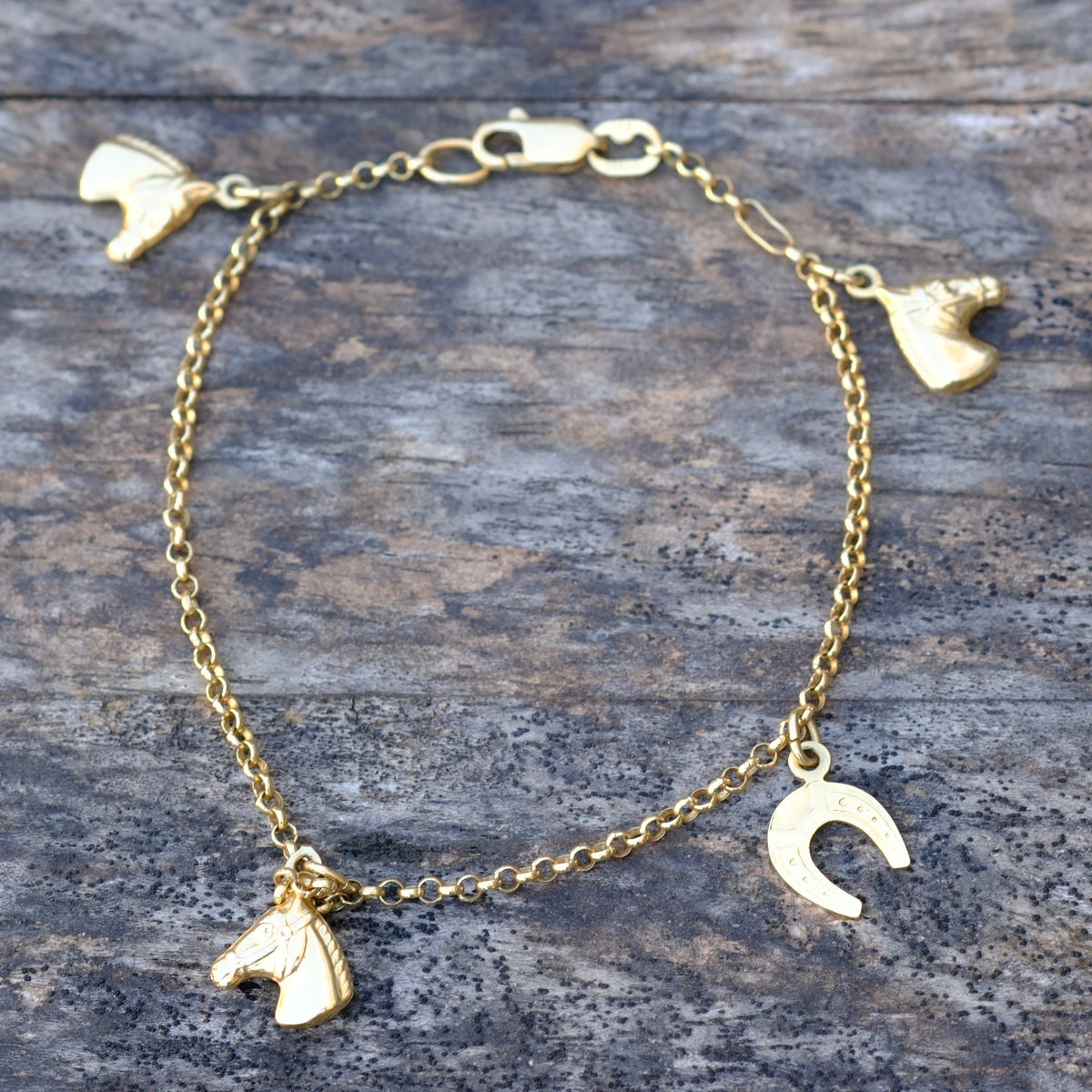 Vintage 14K Gold Horse and Horseshoe Charm Bracelet