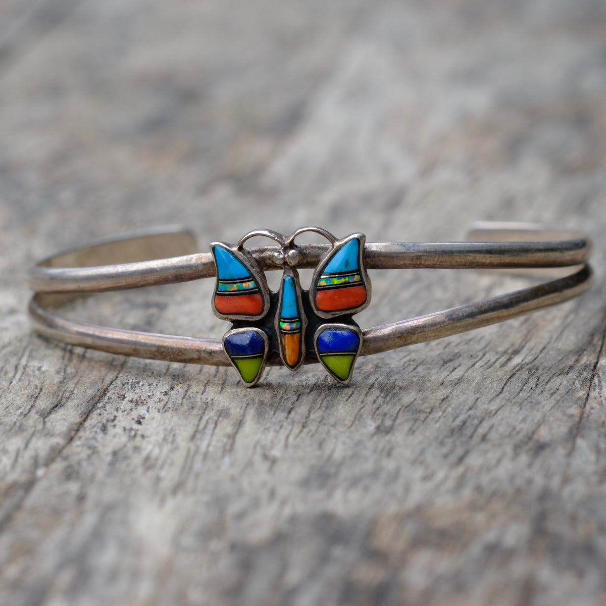 Vintage Sterling Multistone Inlay Butterfly Cuff Bracelet