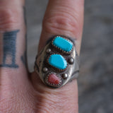 Vintage Sterling Turquoise and Coral Stamped Band Ring 10.5