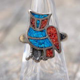 Vintage Sterling Turquoise and Coral Inlay Owl Ring 6