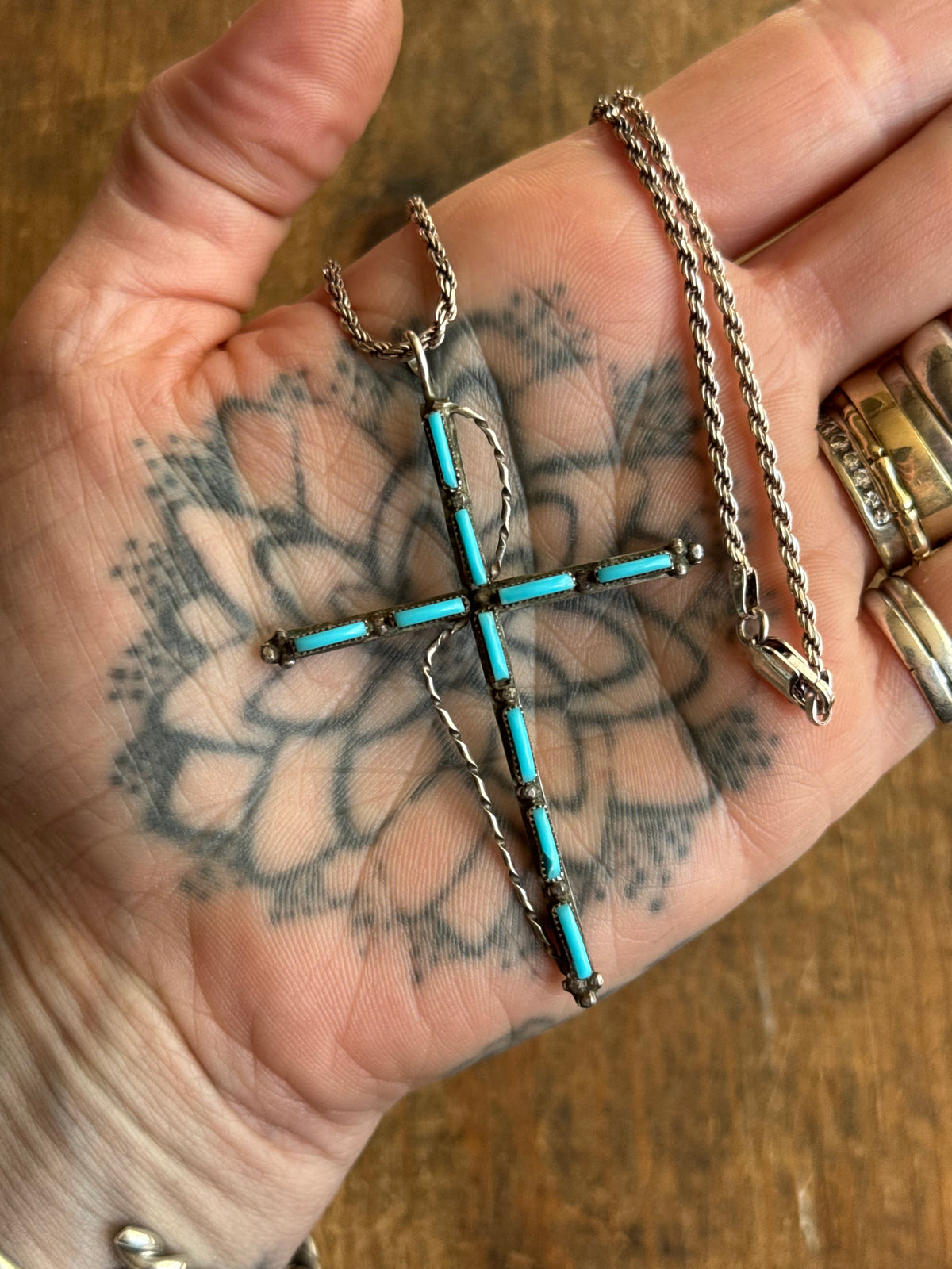 Vintage Sterling Silver Petit Point Turquoise Cross Necklace