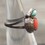 Vintage Sterling Turquoise and Coral Feather Ring 4.5