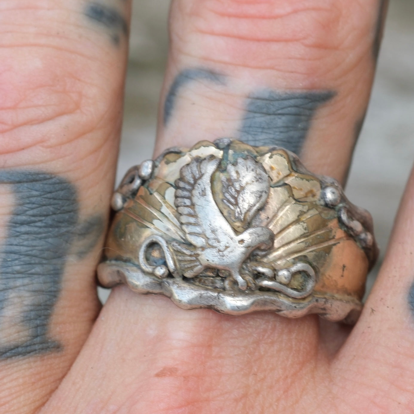 Vintage Sterling And Copper Eagle Ring 13.5