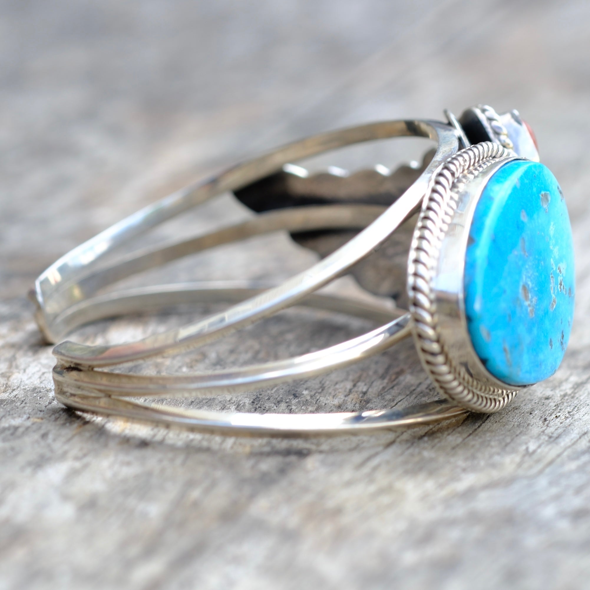 Vintage Sterling Turquoise and Coral Cuff Bracelet