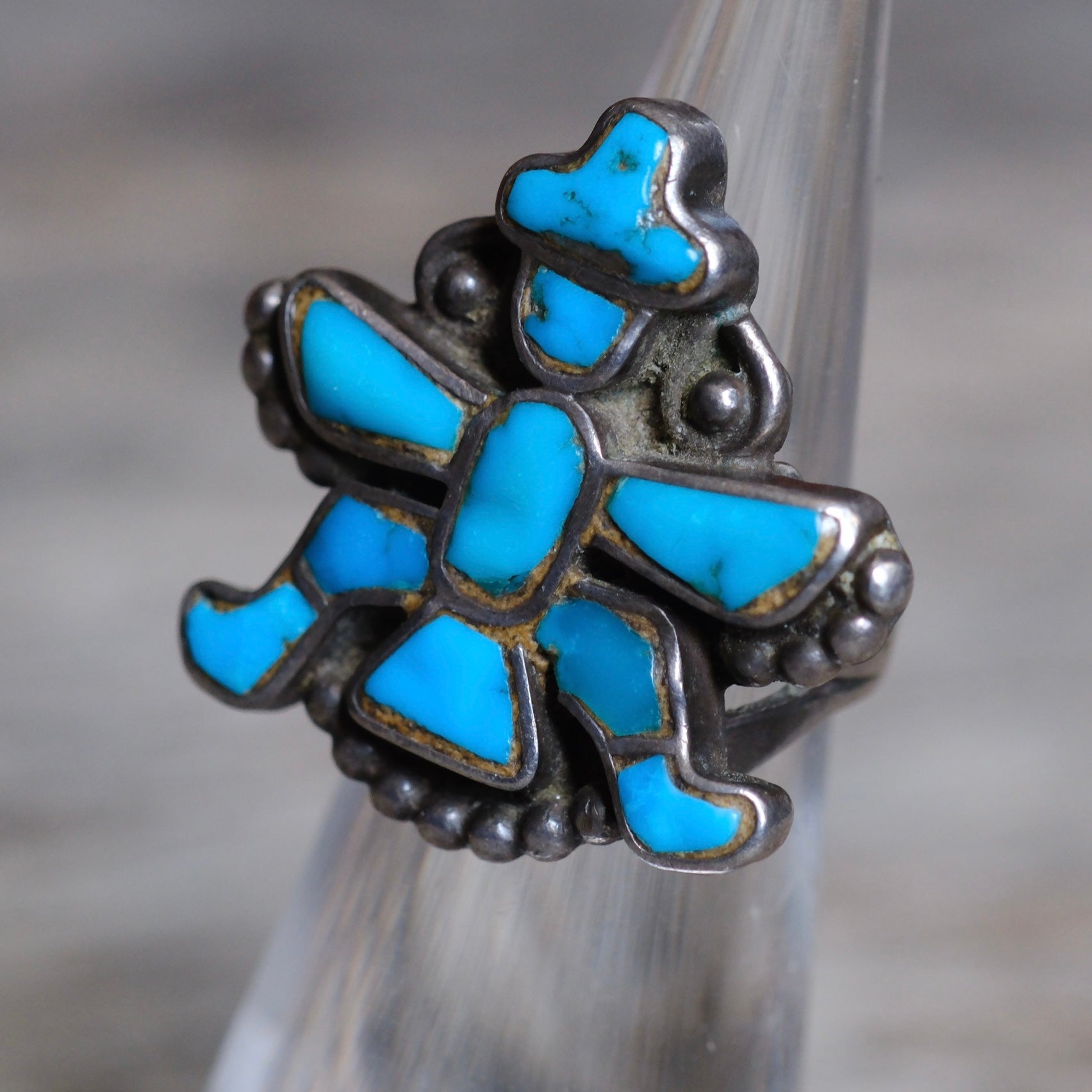 Vintage Sterling Turquoise Kachina Inlay Ring 2.75