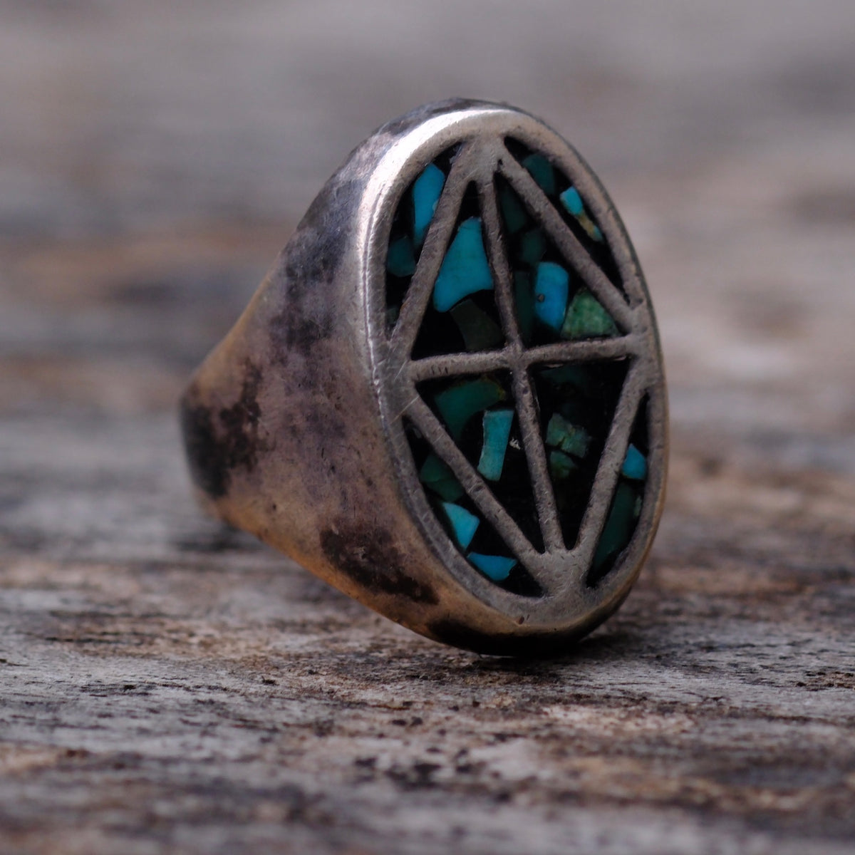 Vintage Sterling Turquoise Chip Inlay Ring 3.5