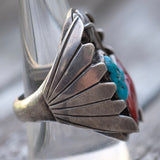 Vintage Sterling Turquoise And Coral Feather Ring 9.5