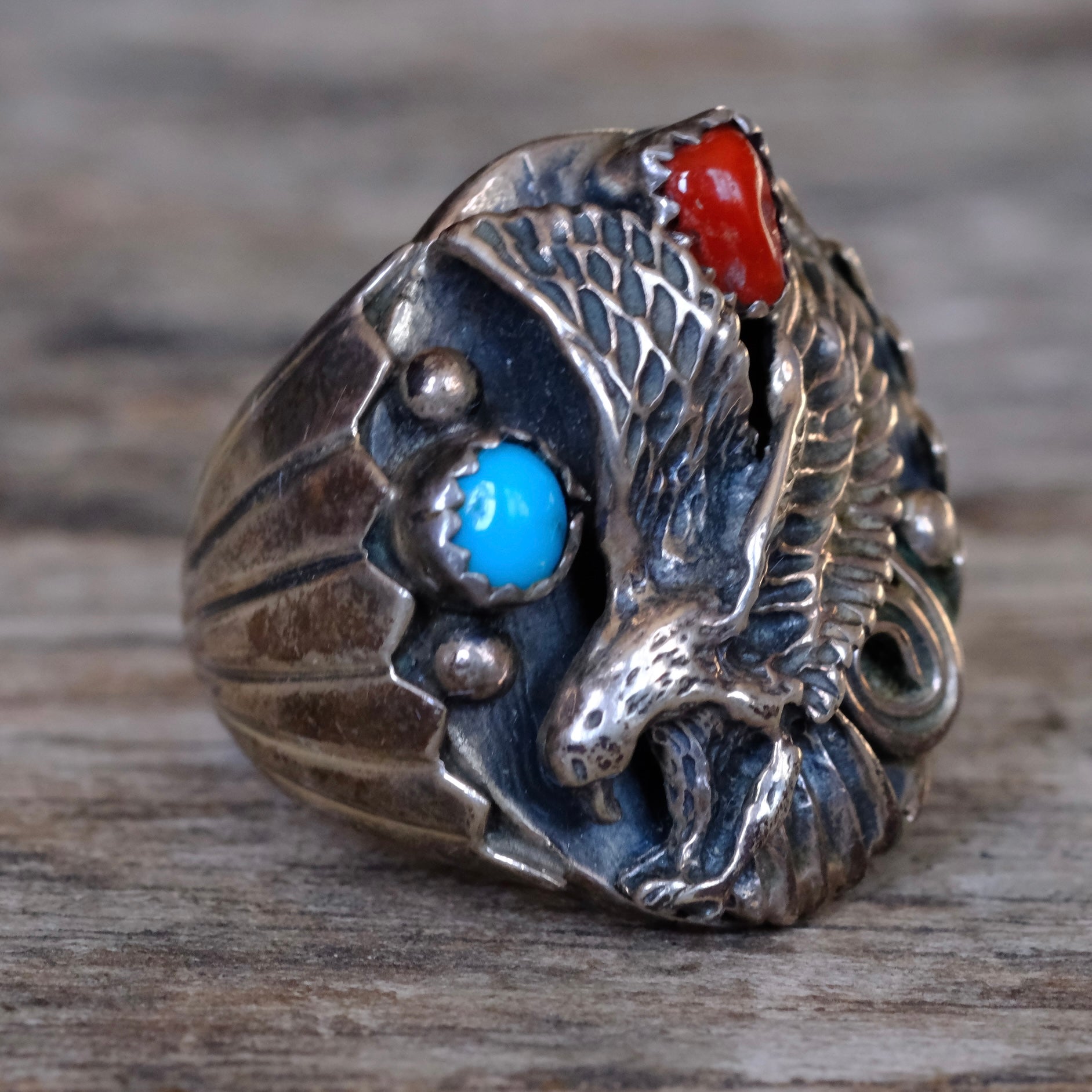 Vintage Sterling Turquoise and Coral Eagle Ring 9