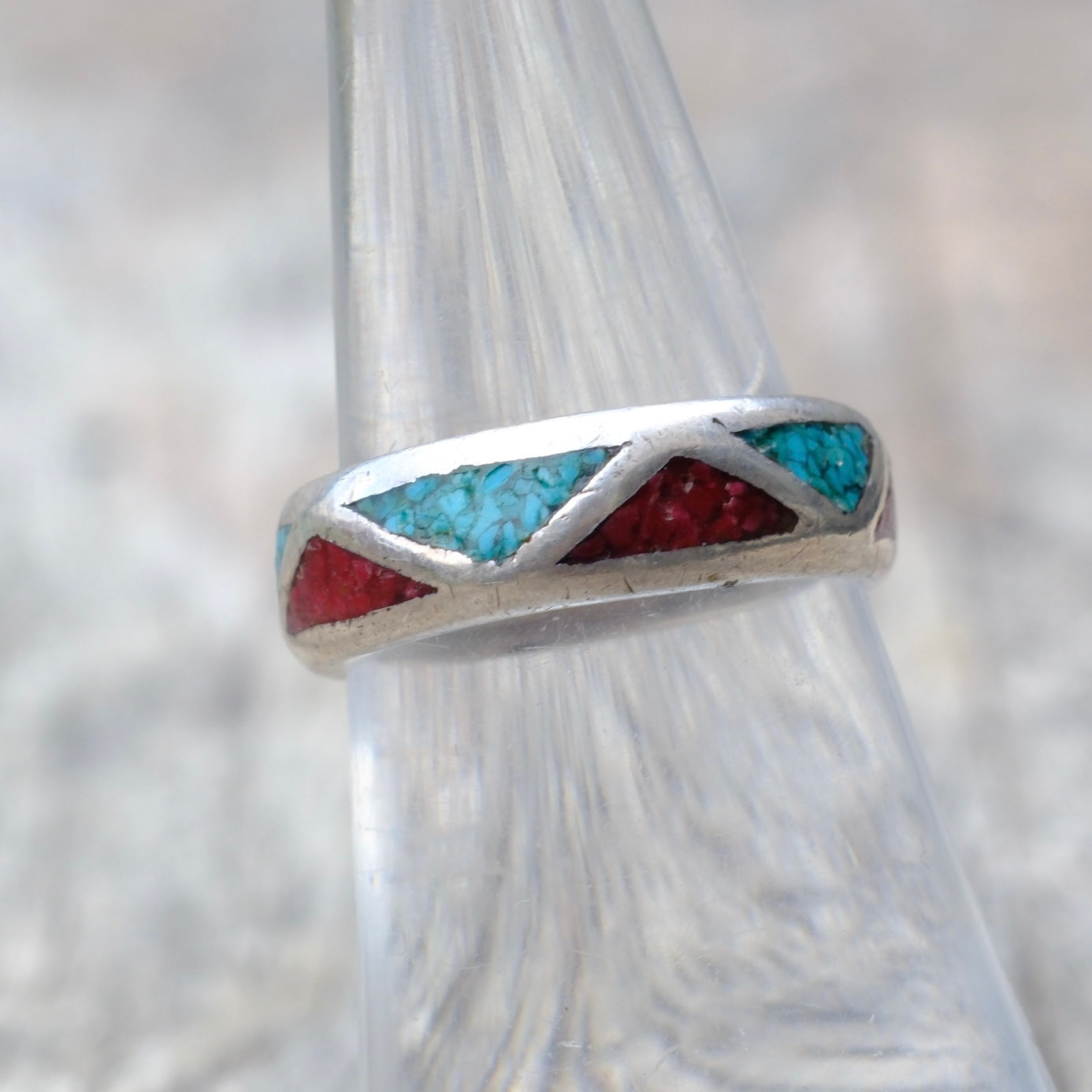 Vintage Sterling Silver Crushed Turquoise & Coral Inlay Band 6.5