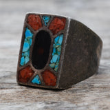 Vintage Sterling Crushed Onyx Turquoise and Coral Inlay Ring 11