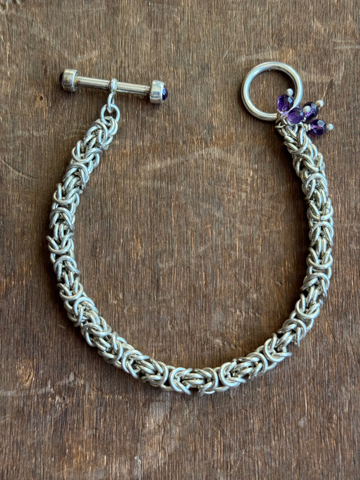 Vintage Sterling Silver 7.5” Amethyst Byzantine Toggle Chain Bracelet