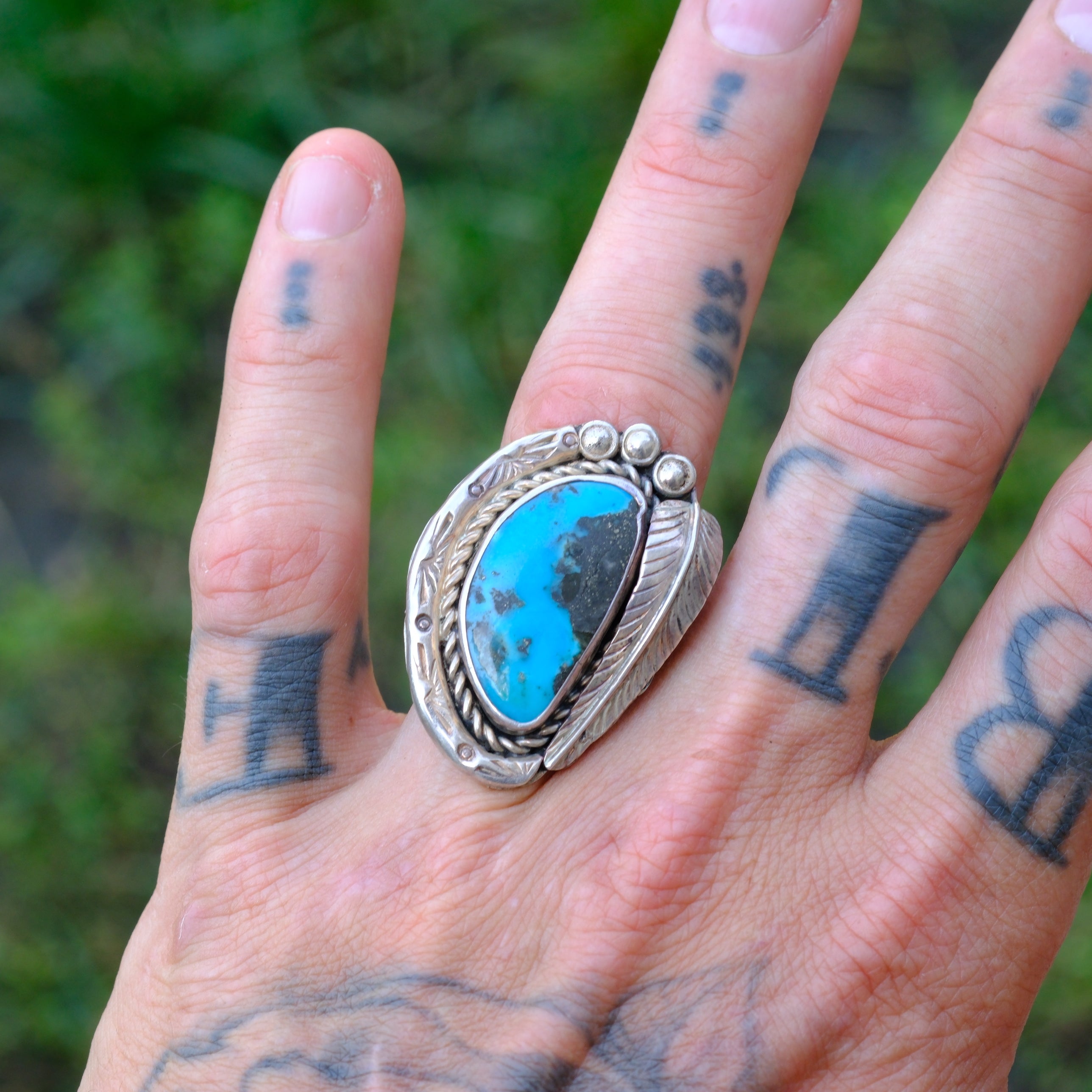 Vintage Sterling Turquoise Feather Ring 9.5
