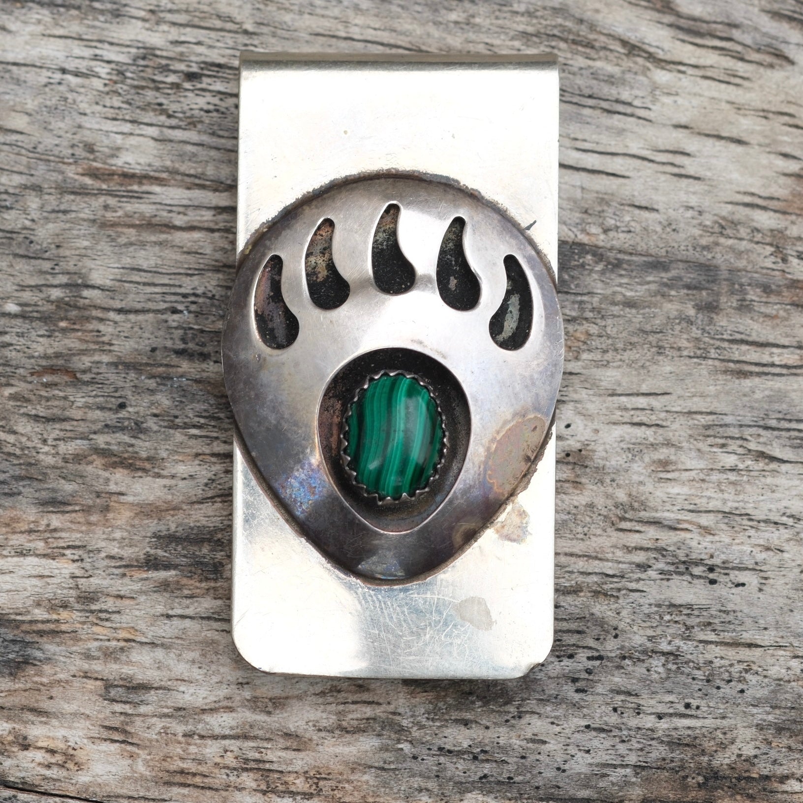Vintage Sterling Overlay Malachite Bear Paw Money Clip