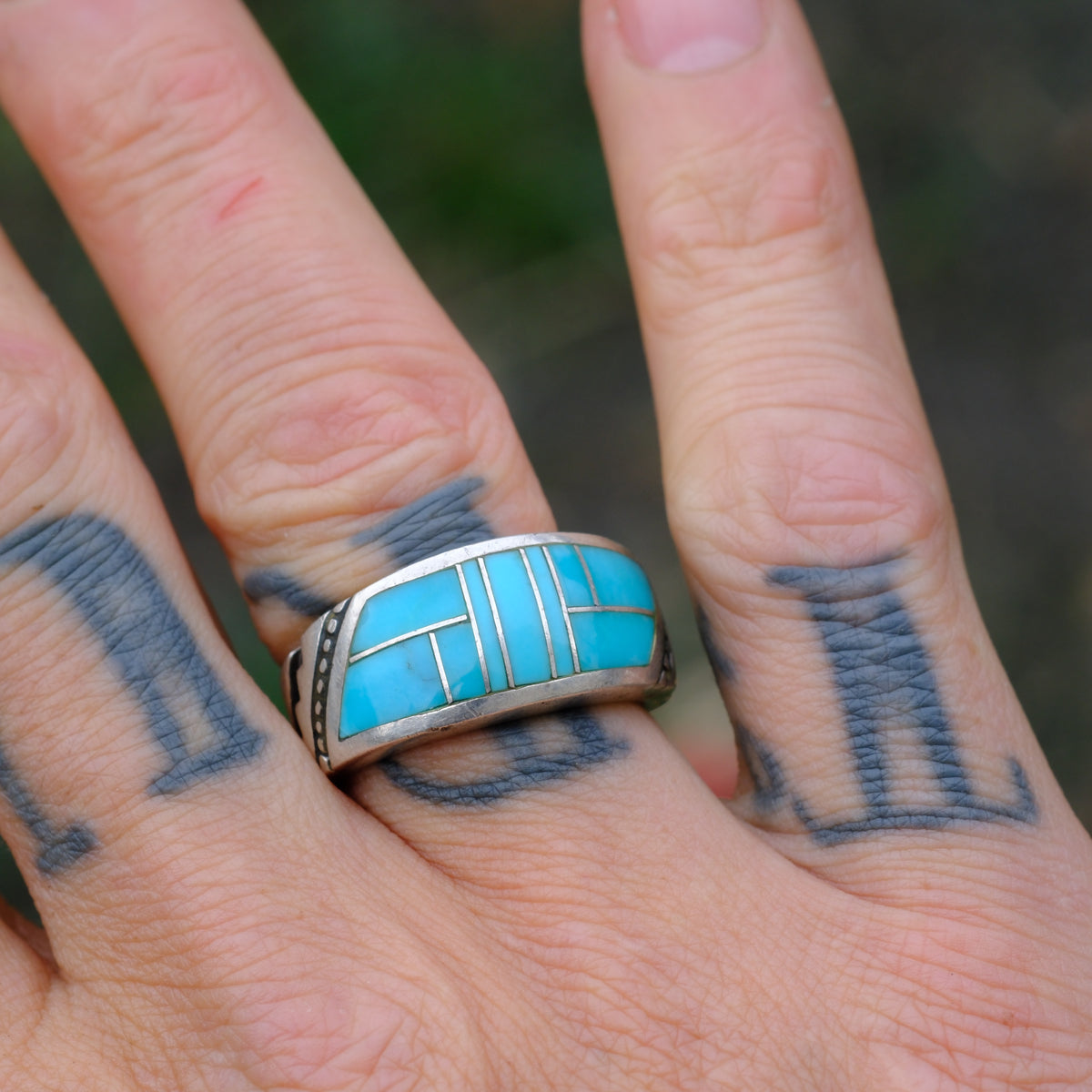 Vintage Sterling Turquoise Inlay Band Ring 9
