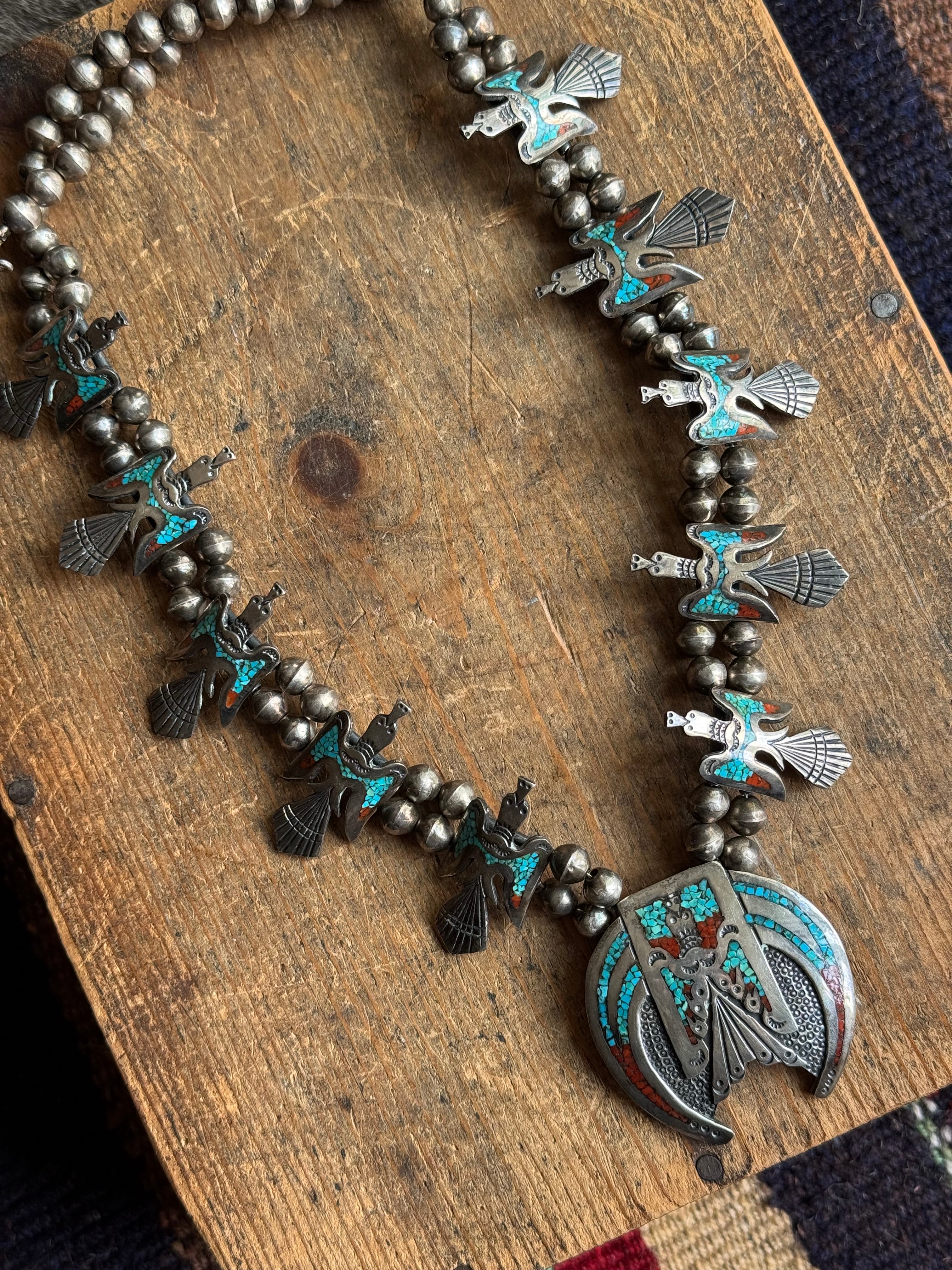 Vintage Sterling Silver Turquoise & Coral Inlay Peyote Bird Squash Blossom