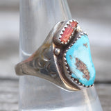 Vintage Sterling Turquoise and Coral Ring 9.75