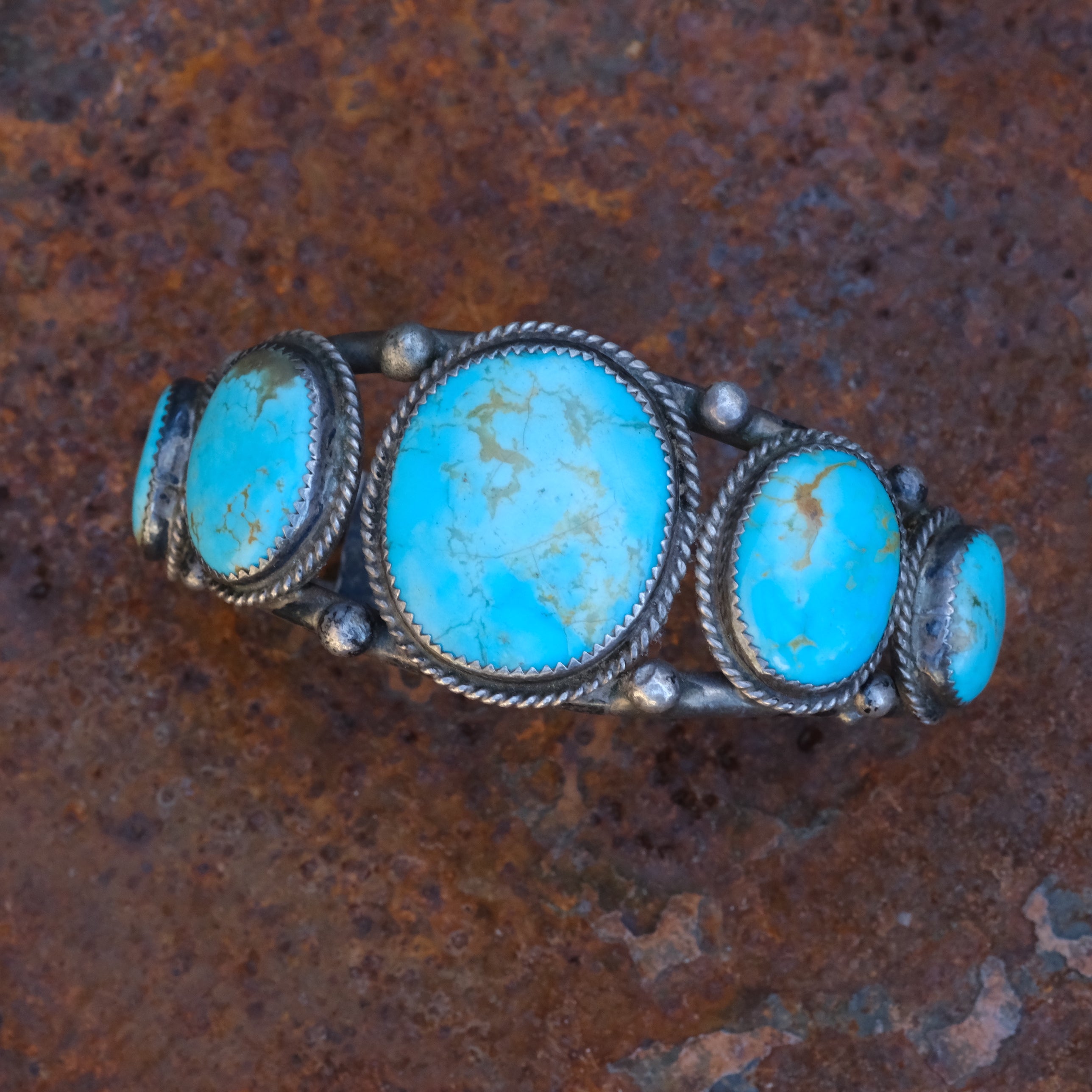 Heavy Vintage Sterling 5-Stone Turquoise Roper Cuff Bracelet