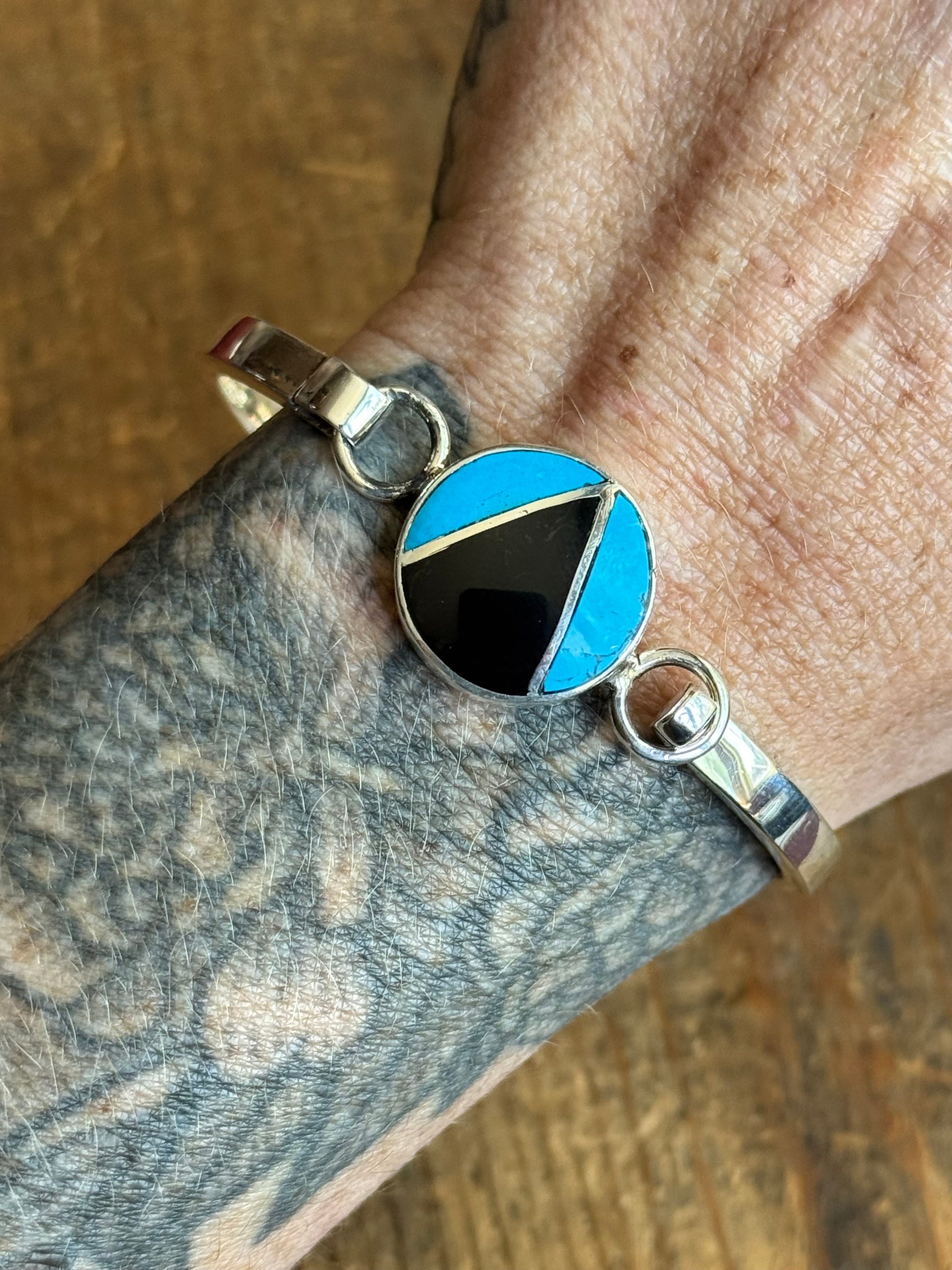 Vintage Sterling Silver Turquoise & Onyx Inlay Latch Bracelet