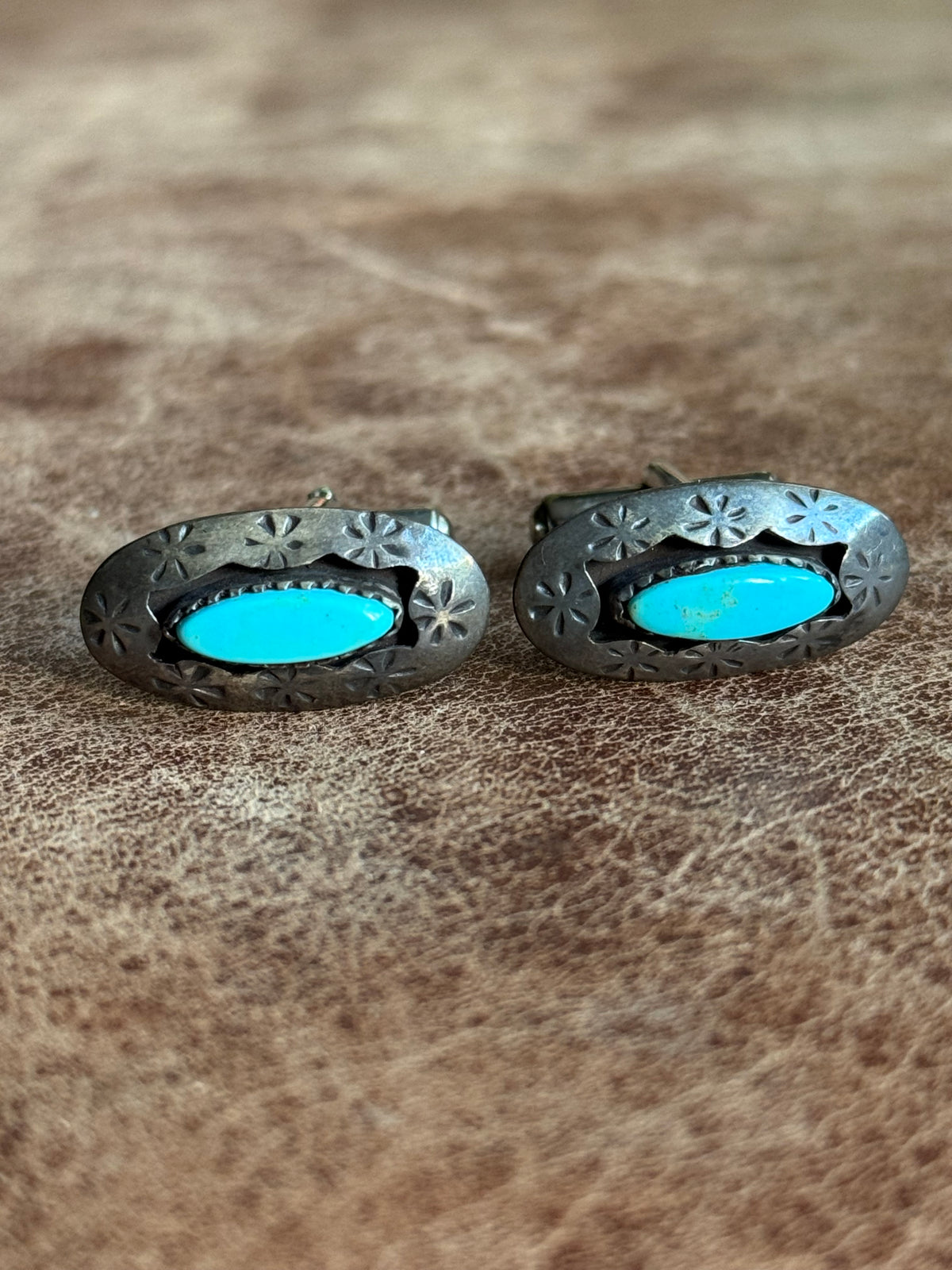 Vintage Sterling Silver Stamped Turquoise Shadowbox Cufflinks