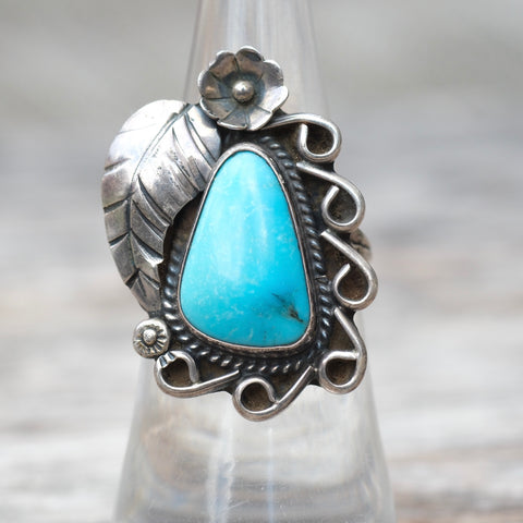 Vintage Sterling Turquoise Feather Ring 6.25