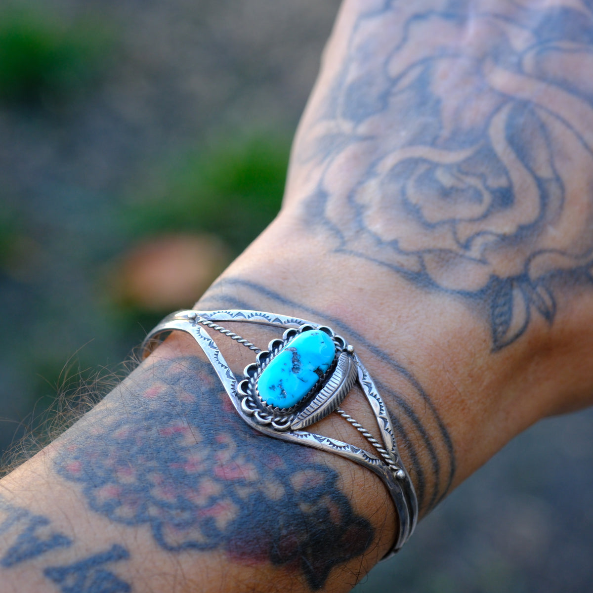 Vintage Sterling Turquoise Feather Cuff Bracelet