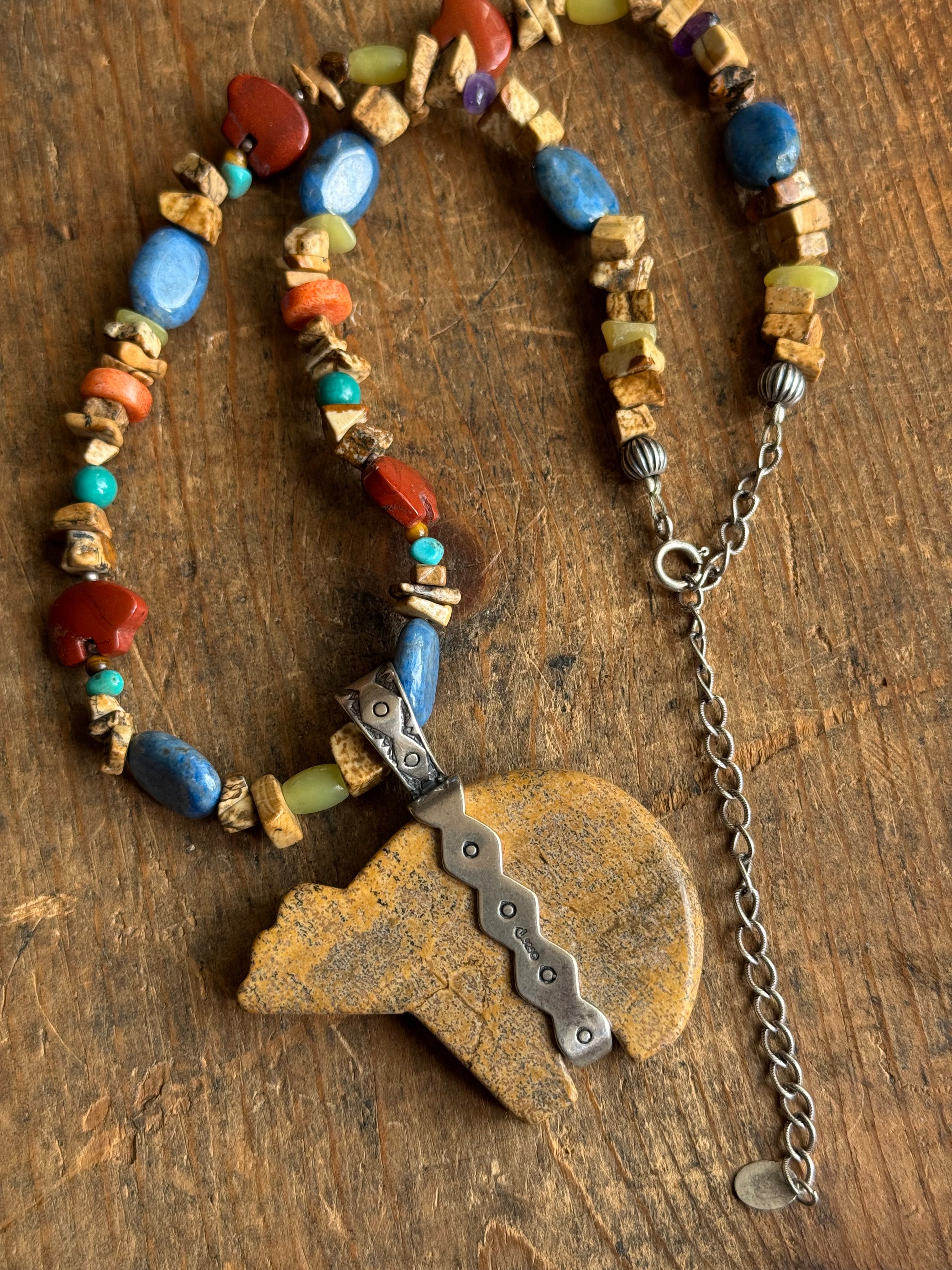Vintage Mixed Stone Beaded Jasper & Sterling Bear Necklace
