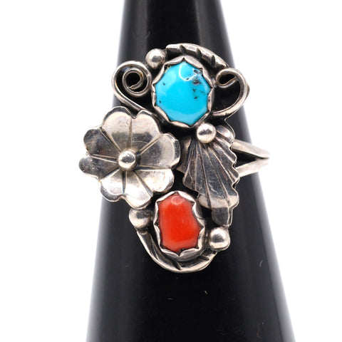 Vintage Sterling Turquoise and Coral Blossom Ring 5