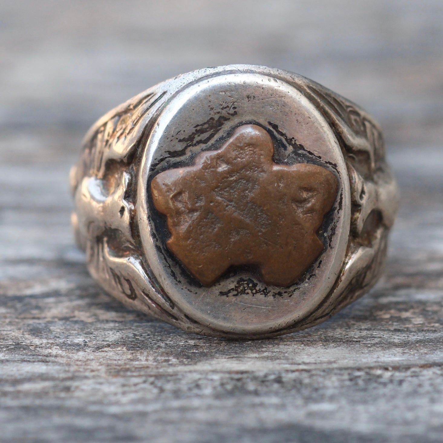 Vintage Sterling Silver WORN Military Signet Ring 7.75