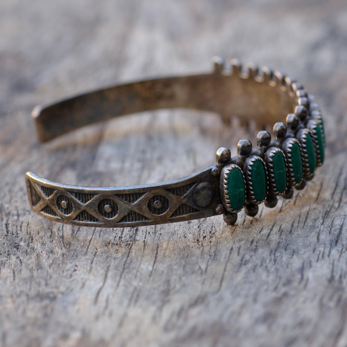 Vintage Sterling Turquoise Row Stamped Cuff Bracelet