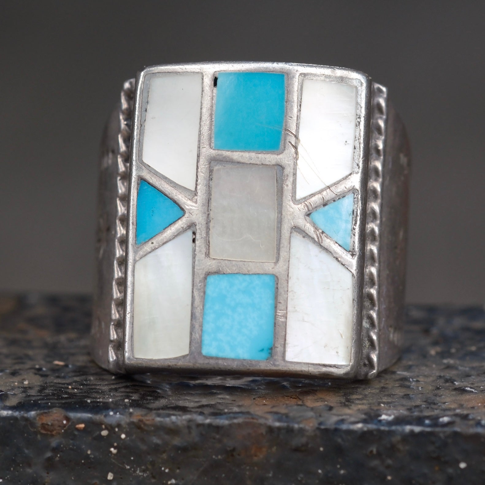 Vintage Sterling Turquoise and Mother Of Pearl Inlay Stamped Band Ring 11
