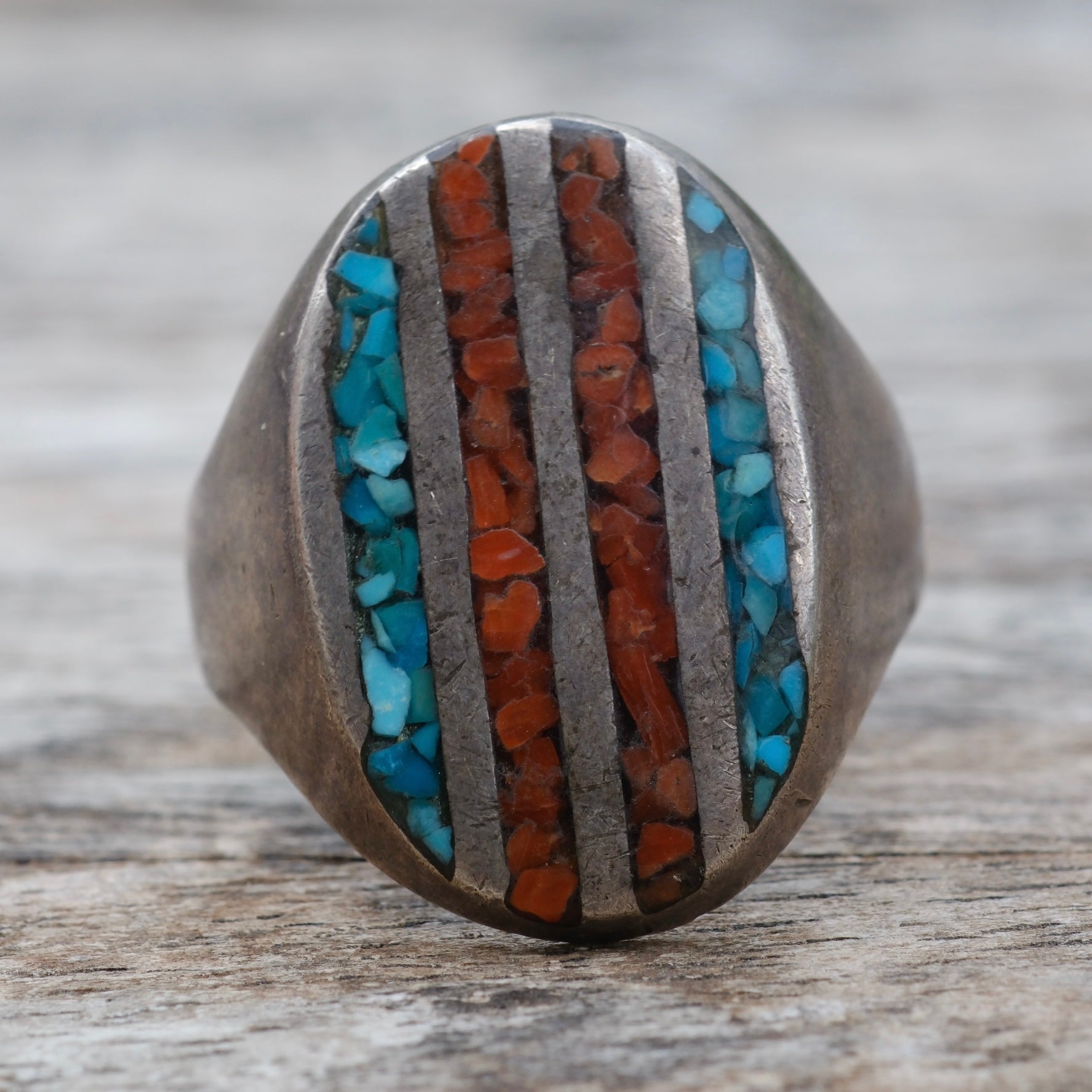 Vintage Sterling Crushed Turquoise and Coral Inlay Ring 11.5