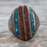 Vintage Sterling Crushed Turquoise and Coral Inlay Ring 11.5
