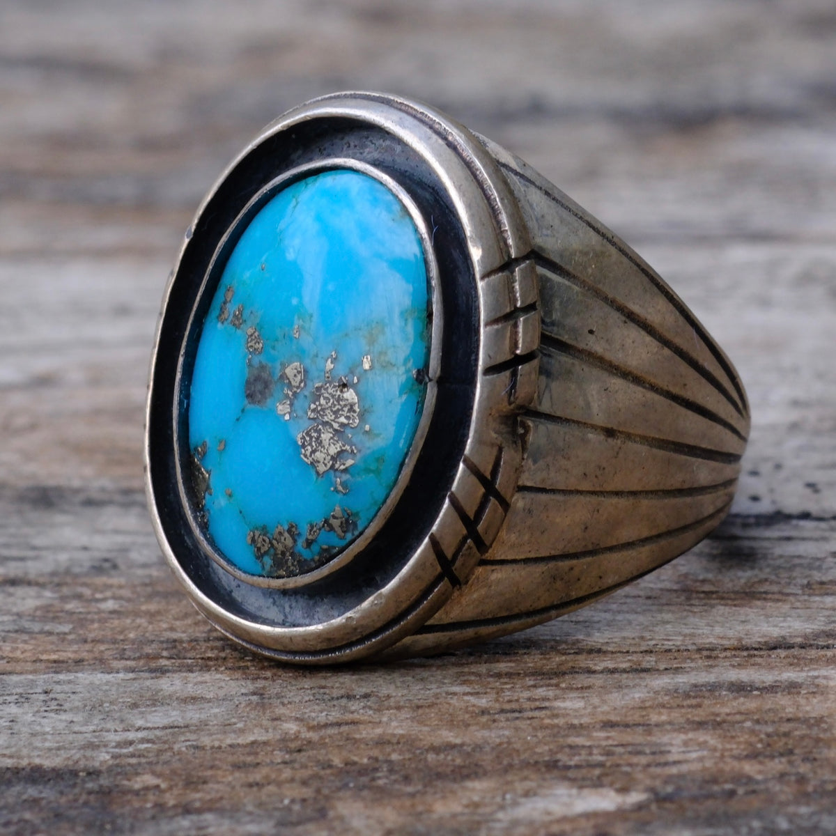 Vintage Sterling Turquoise Ribbed Band Ring 9
