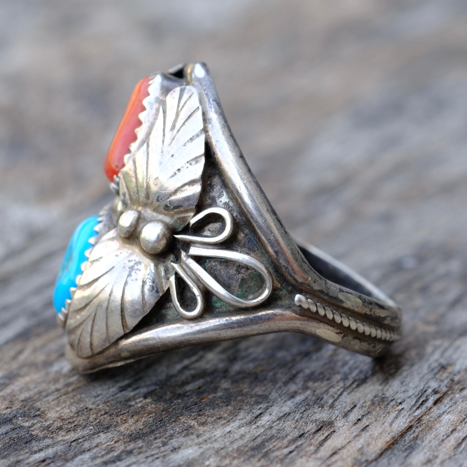 Vintage Sterling Turquoise and Coral Feather Ring 11
