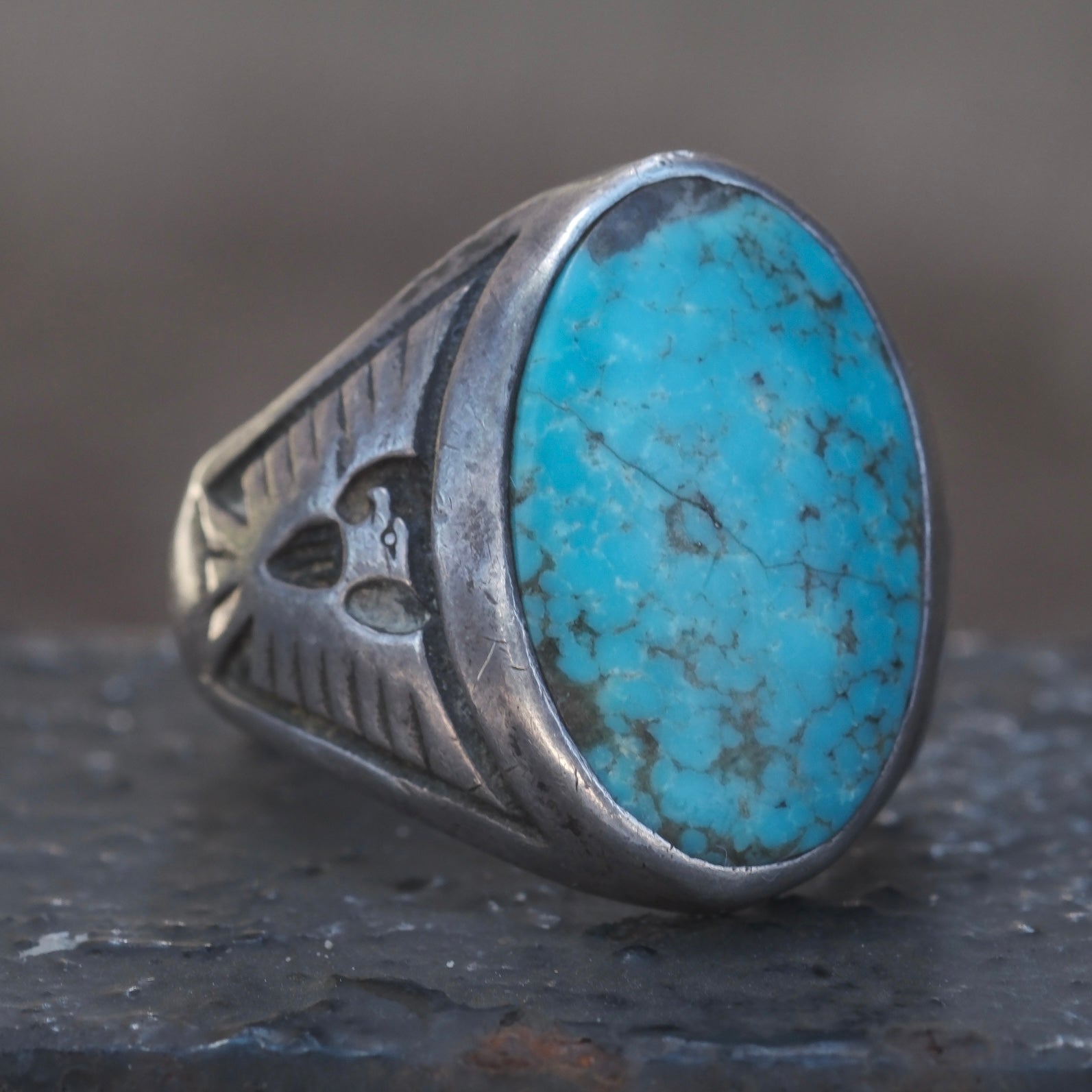 Vintage Sterling Turquoise Thunderbird Ring 8.75