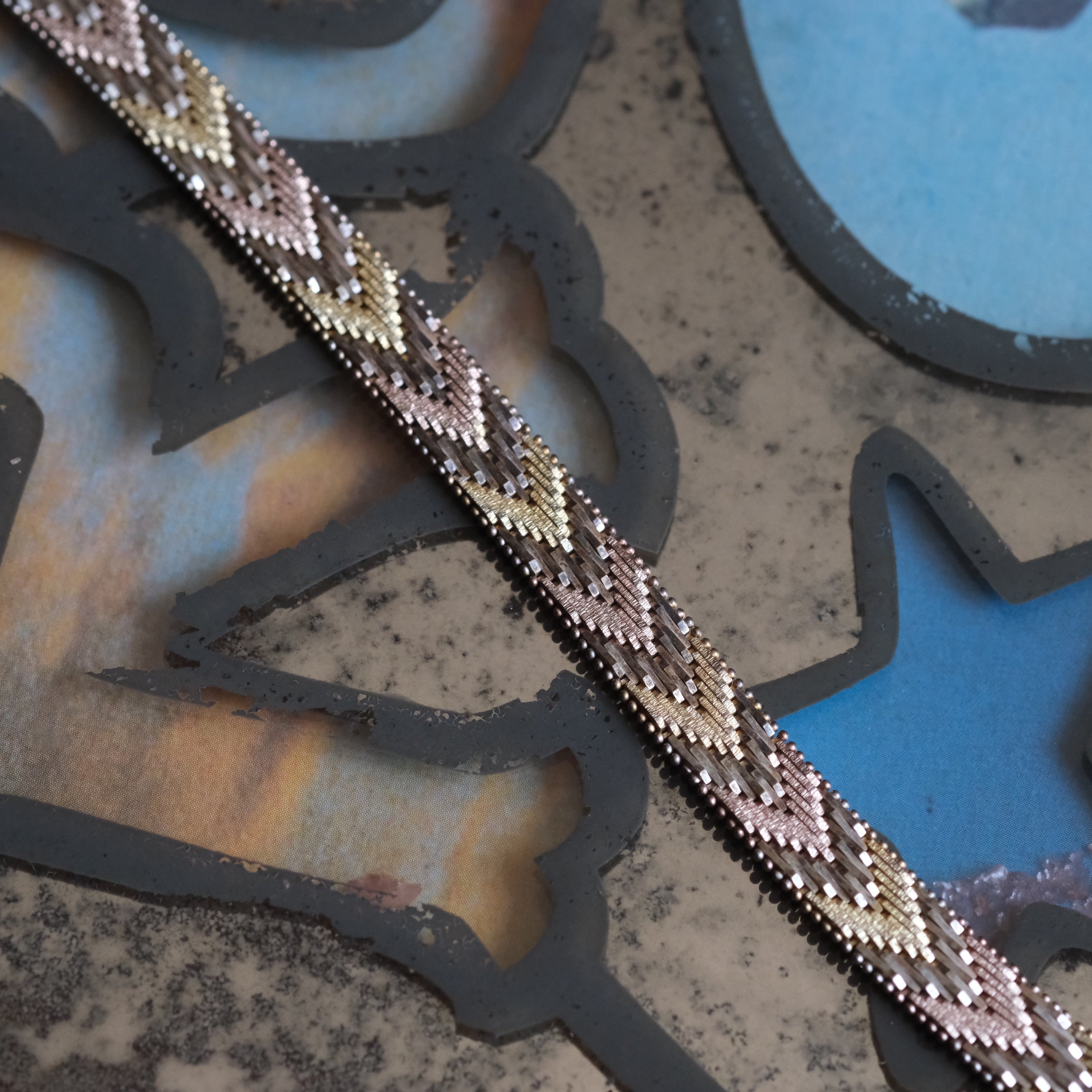 Vintage Sterling Braided Tricolor Chevron Bracelet 7"