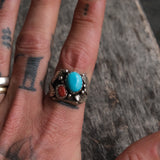 Vintage Sterling Turquoise and Coral Feather Ring 11