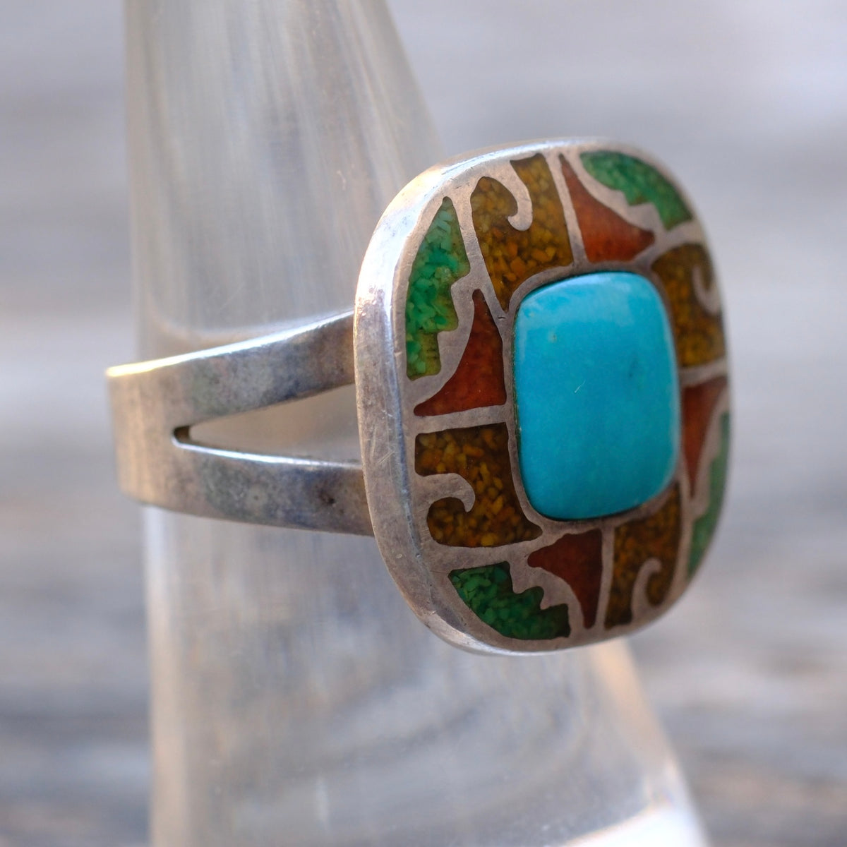Vintage Sterling Turquoise and Coral Inlay Ring 7.75