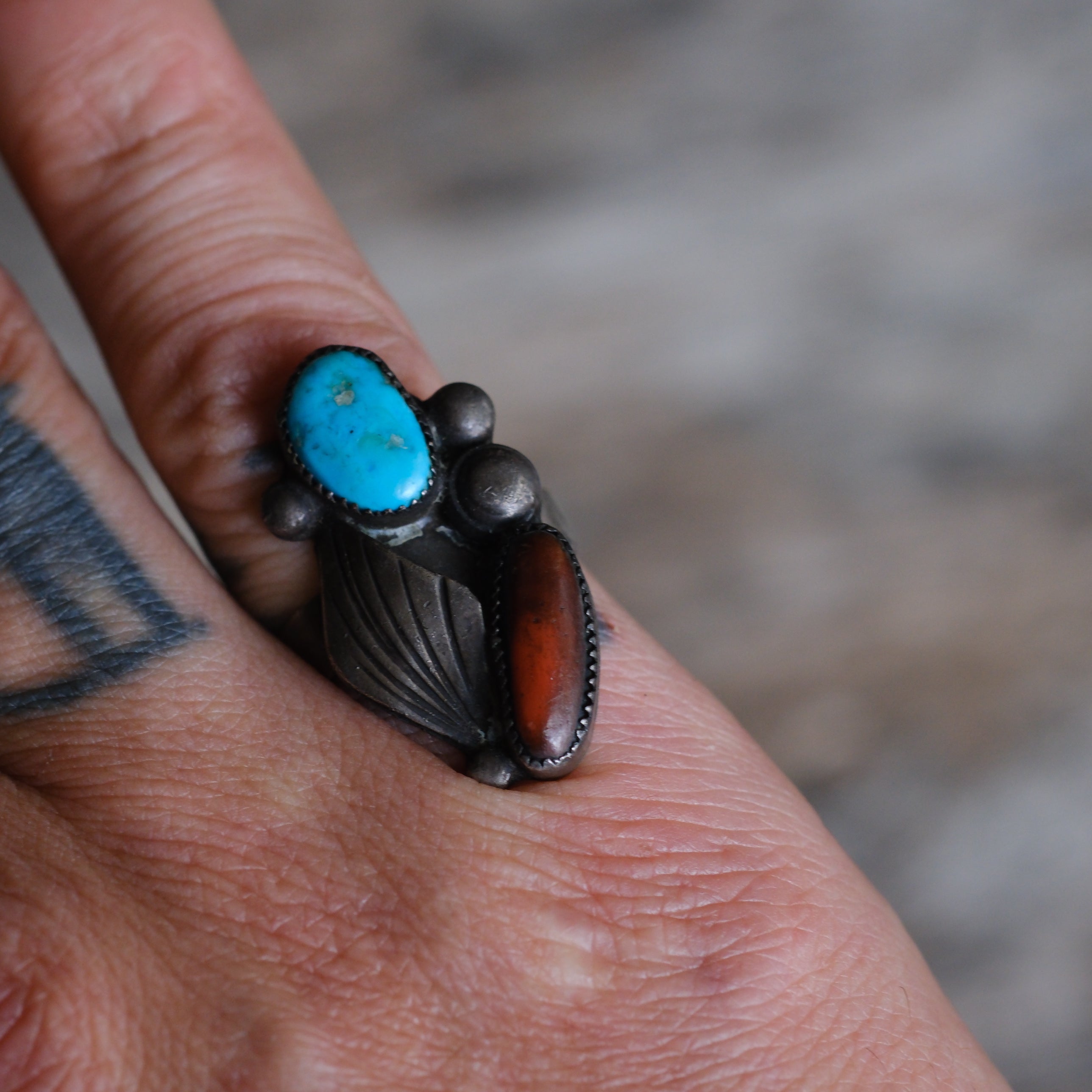 Vintage Sterling Turquoise and Coral Feather Ring 7.5