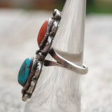 Vintage Sterling Turquoise and Coral Ring 6.25