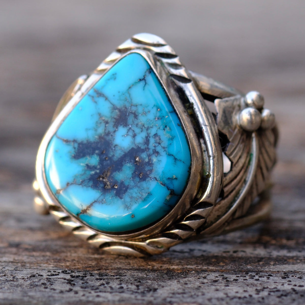 Vintage Sterling Chunky Turquoise Feather Ring 10.75