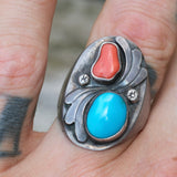 Vintage Sterling Turquoise and Coral Ring 10
