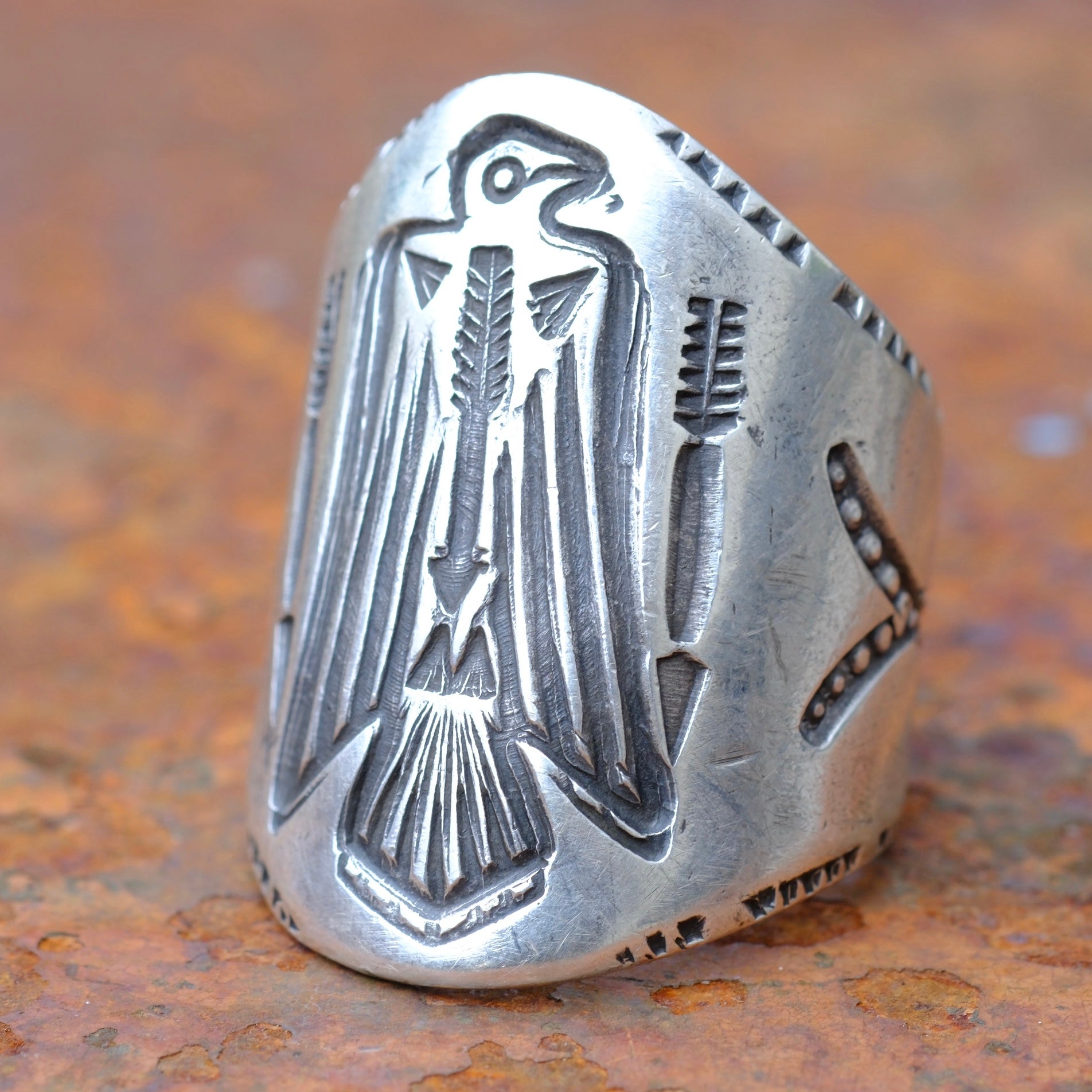 Heavy Ingot Stamped Thunderbird Cigar Band Ring 10.25